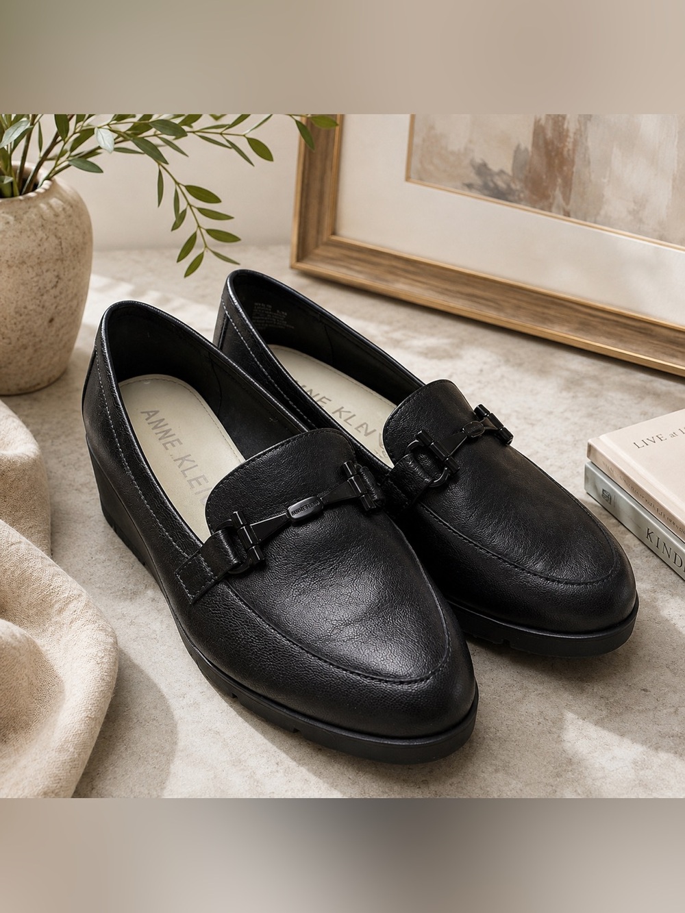 NWOT! Anne Klein Women's Lalita Black Leather Loafers Slip On Wedges Size 8.5